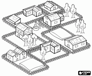 Aerial view of a town or urban development with the houses with property fences coloring page