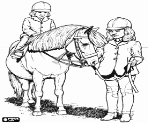Girls riding a pony coloring page