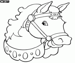 Horse head with collar, bridle and horse harness  coloring page