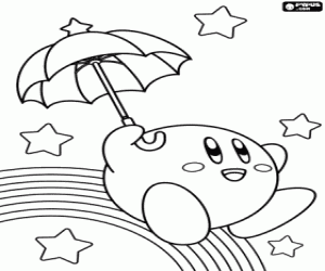 Kirby Coloring Sheets on Kirby With An Umbrella Flying Among The Stars And The Rainbow