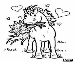 Little horse with a bouquet of flowers in the mouth and surrounded by hearts coloring page
