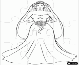 Puzzle of The bride on the wedding day with the long dress veil with tiara